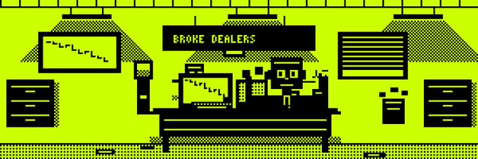 A pixel art scene in yellow and black depicting an office with a sign reading 'BROKE DEALERS' above a desk with a computer monitor displaying a declining chart, along with filing cabinets and wall lamps.