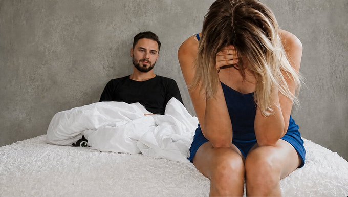 A woman on the edge of a bed covers her face in frustration while a man sits behind her, suggesting intimacy gone wrong. The post's caption, "when you discover he's earning zero yield on margin," humorously reframes the scene as a financial disappointment — finding out your partner isn't generating returns on borrowed funds (margin), a woeful financial loss rather than a romantic one.
