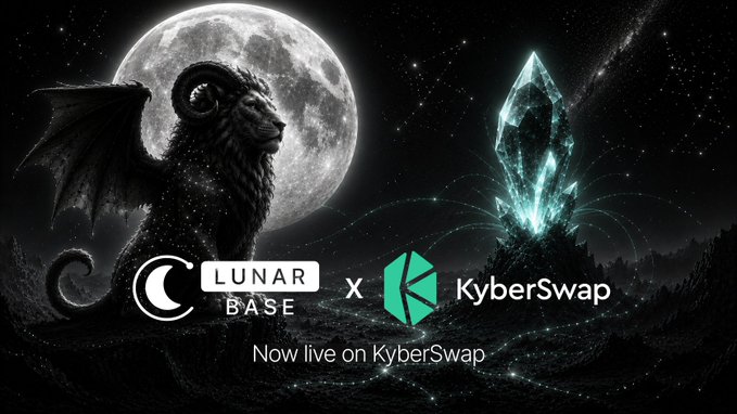 A promotional graphic announcing "Lunar Base x KyberSwap" with the text "Now live on KyberSwap," featuring a dark fantasy illustration of a ram-winged creature and a glowing crystal against a moonlit night sky.