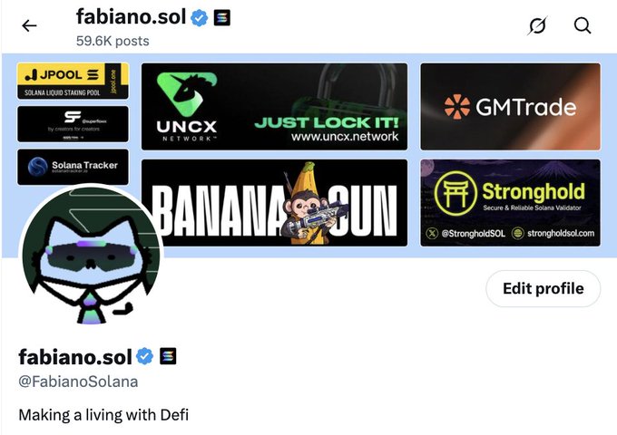 A screenshot of the Twitter/X profile for "fabiano.sol" (@FabianoSolana), a verified account with 59.6K posts, displaying a header banner featuring promotional ads for sponsors JPOOL, UNCX Network ("JUST LOCK IT!"), GMTrade, Banana Gun, and StrongholdSOL, alongside the profile's bio "Making a living with Defi." The image visually represents the post's claim about monetizing a profile banner, showing the cryptocurrency/DeFi project sponsors that contributed to the over $1,500 in banner ad revenue.