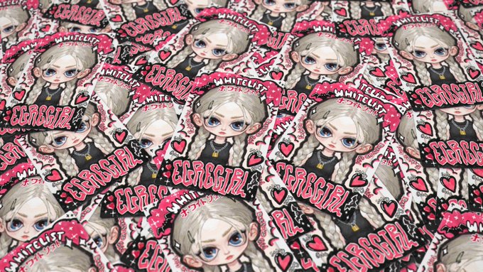 A repeating pattern of stickers featuring a chibi-style anime character with silver hair, blue eyes, and a black outfit, accompanied by pink hearts, mushrooms, and text reading 'WHITELIST', 'ELFGIRL', and 'ELFGIRL'.