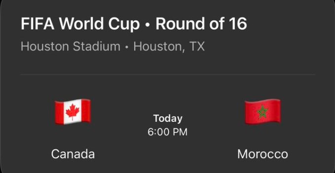 A dark-themed graphic displays a "FIFA World Cup • Round of 16" matchup between Canada and Morocco at Houston Stadium in Houston, TX, scheduled for today at 6:00 PM, with the national flags of both teams shown alongside their country names. The image directly ties to the post's prediction challenge, providing the visual reference for the Canada vs. Morocco World Cup game where followers are invited to bet on the correct outcome for a $10 prize.