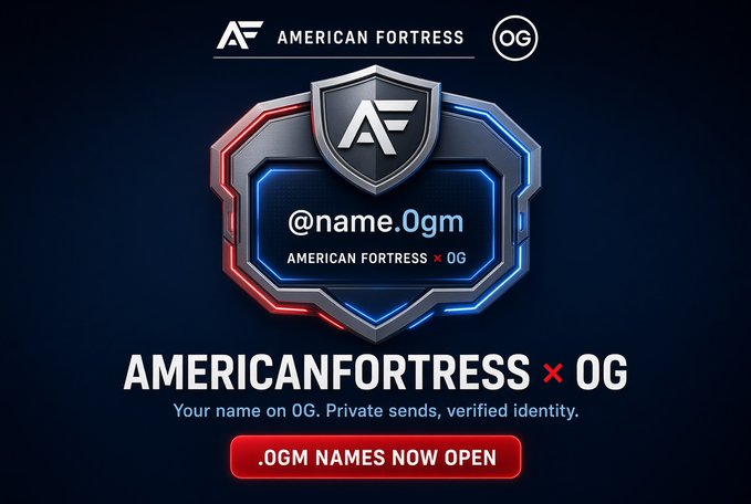 An advertisement graphic for 'AMERICAN FORTRESS × OG' features a metallic shield emblem with '.OGM NAMES NOW OPEN' displayed on a red button.