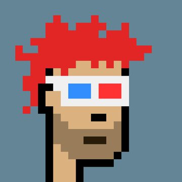 A pixel art illustration of a person with bright red curly hair wearing white 3D glasses with blue and red lenses against a solid gray background.