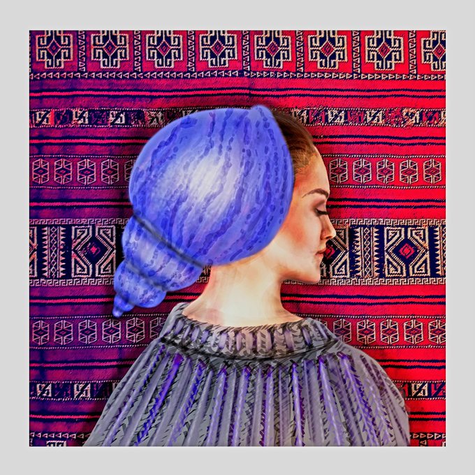 A painting of a woman in profile wearing a large blue spiral hat and a striped purple garment, set against a vibrant red and purple patterned tapestry background.