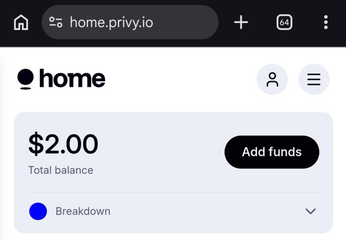 Screenshot of home.privy.io showing a wallet with a $2.00 total balance and an 'Add funds' button.