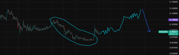 A cryptocurrency trading chart showing DOGE/USD price action with a cyan oval circling a dip pattern and a blue arrow indicating a downward trend.