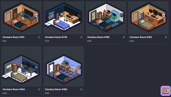 A grid of six isometric pixel art thumbnails titled 'Clockers Room #' with numbers ranging from #178 to #185, showing various bedroom and locker room designs.
