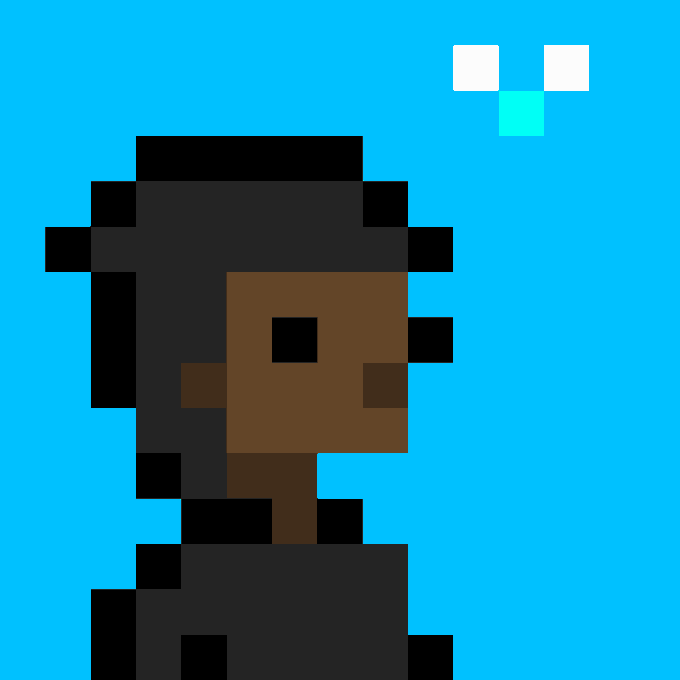 A minimalist pixel-art profile of a character with dark skin and black hair against a solid light blue background with white and teal pixel details in the corner.