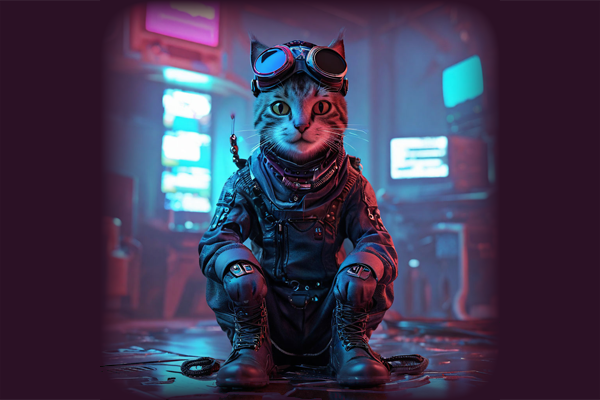 A cyberpunk-styled cat wearing goggles and tactical gear crouches in a neon-lit, futuristic alleyway. The gritty, tech-noir aesthetic of the image mirrors the "CryptoCat" branding referenced in the airdrop notification, evoking the game's adventurous, sci-fi atmosphere.