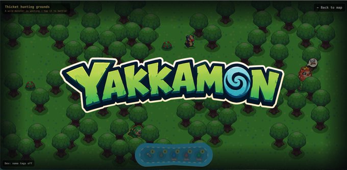 A screenshot of the game "Yakkamon" showing the title logo in green and blue, with a top-down view of a forest scene containing trees and small characters.