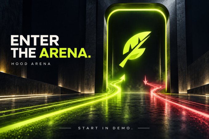 A promotional banner reading 'ENTER THE ARENA' for 'HOOD ARENA' with a glowing green leaf logo and 'START IN DEMO' text, featuring dramatic green and red light trails.