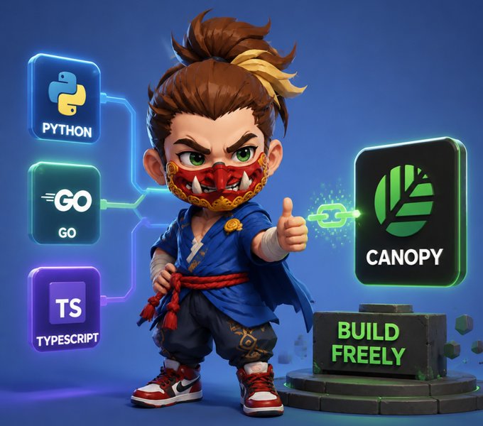 A 3D animated character with brown hair tied up, wearing a red mask and blue martial arts outfit, gives a thumbs-up next to a 'CANOPY' logo, with icons for 'PYTHON', 'GO', and 'TYPESCRIPT' on the left and 'BUILD FREELY' text on a pedestal.
