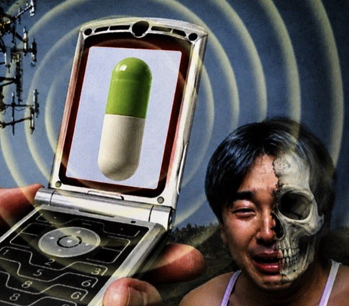 A surreal image shows a flip phone displaying a pill on its screen, held in front of a child whose face is half-skull, with radio waves in the background.