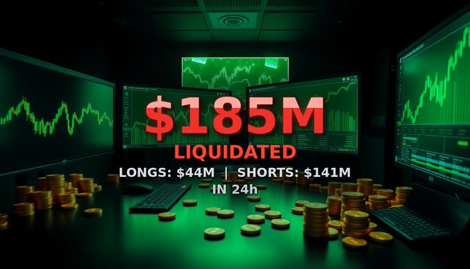 A trading graphic displays '$185M LIQUIDATED' in red text with 'LONGS: $44M | SHORTS: $141M IN 24h', set against green stock charts and gold coins.