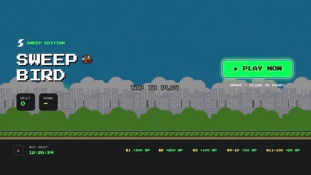 The image displays the "Sweep Bird - Sheep Edition" game title screen featuring a pixelated bird and cityscape backdrop, with "PLAY NOW" and "TAP TO PLAY" prompts alongside a 12:26:24 countdown timer and XP-based reward tiers (B1: +300 XP through B11-100: +425 XP). It serves as a visual tie-in to the airdrop announcement, showcasing the Plastik Play-to-Earn game where users earn XP through gameplay tasks to maximize their token allocation rewards.