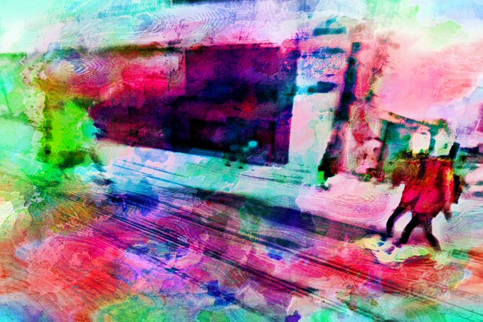 An abstract digital artwork characterized by colorful, blurred streaks of pink, green, and blue with distorted shapes.