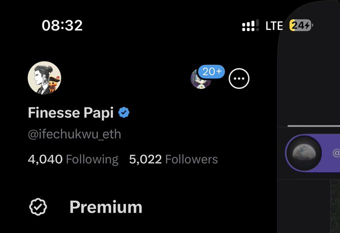 A mobile screenshot of a Twitter/X profile for 'Finesse Papi' (@ifechukwu_eth), a verified account with 4,040 Following and 5,022 Followers, showing a Premium badge.