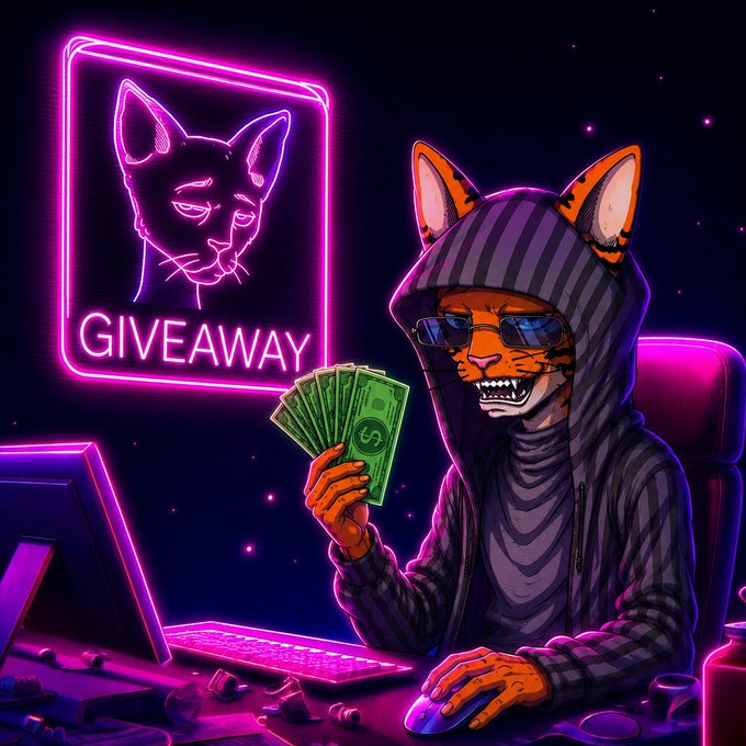 A hooded anthropomorphic tiger wearing sunglasses sits at a neon-lit gaming setup, holding a fan of cash beneath a glowing pink neon sign displaying a cat logo and the word "GIVEAWAY." The scene ties to the post by signaling an upcoming crypto giveaway from @cetsfk, with the cash and neon branding emphasizing the potential winnings.