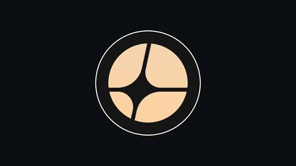 A minimalist logo design featuring a circular shape with an abstract four-petal or leaf pattern in tan/beige colors on a dark gray background.