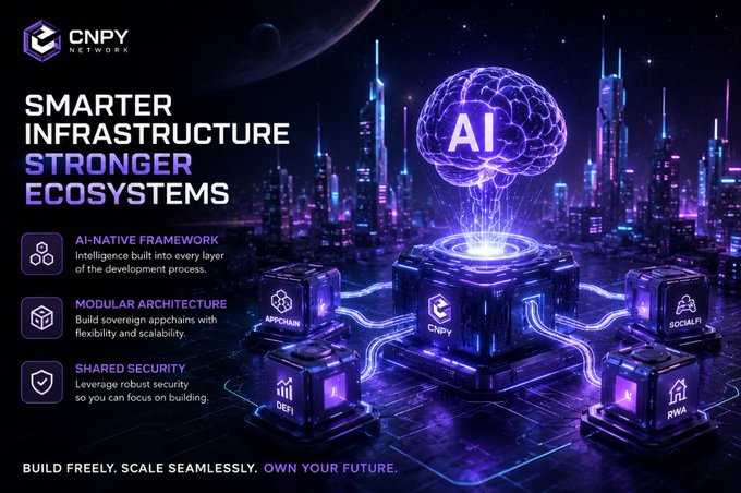 A promotional graphic for "CNPY NETWORK" titled "SMARTER INFRASTRUCTURE STRONGER ECOSYSTEMS" featuring an AI brain connected to glowing nodes labeled "MPCCHAIN", "CNPY", "SOCIALFI", "DEFI", and "RWA" in a futuristic cityscape.