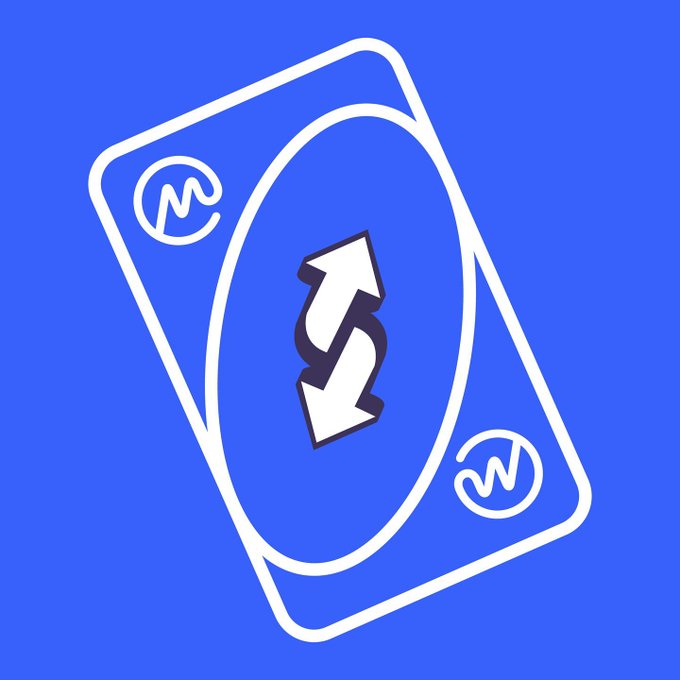 A stylized illustration of a card or device with 'W' logos in the corners and a central circular icon showing white arrows pointing up and down in opposite directions on a blue background.
