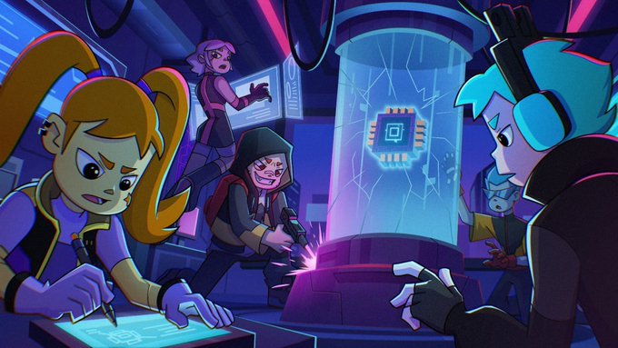 An animated illustration shows several cartoon characters working around a glowing cylindrical chamber containing a microchip, with one character welding the base in a high-tech lab setting.
