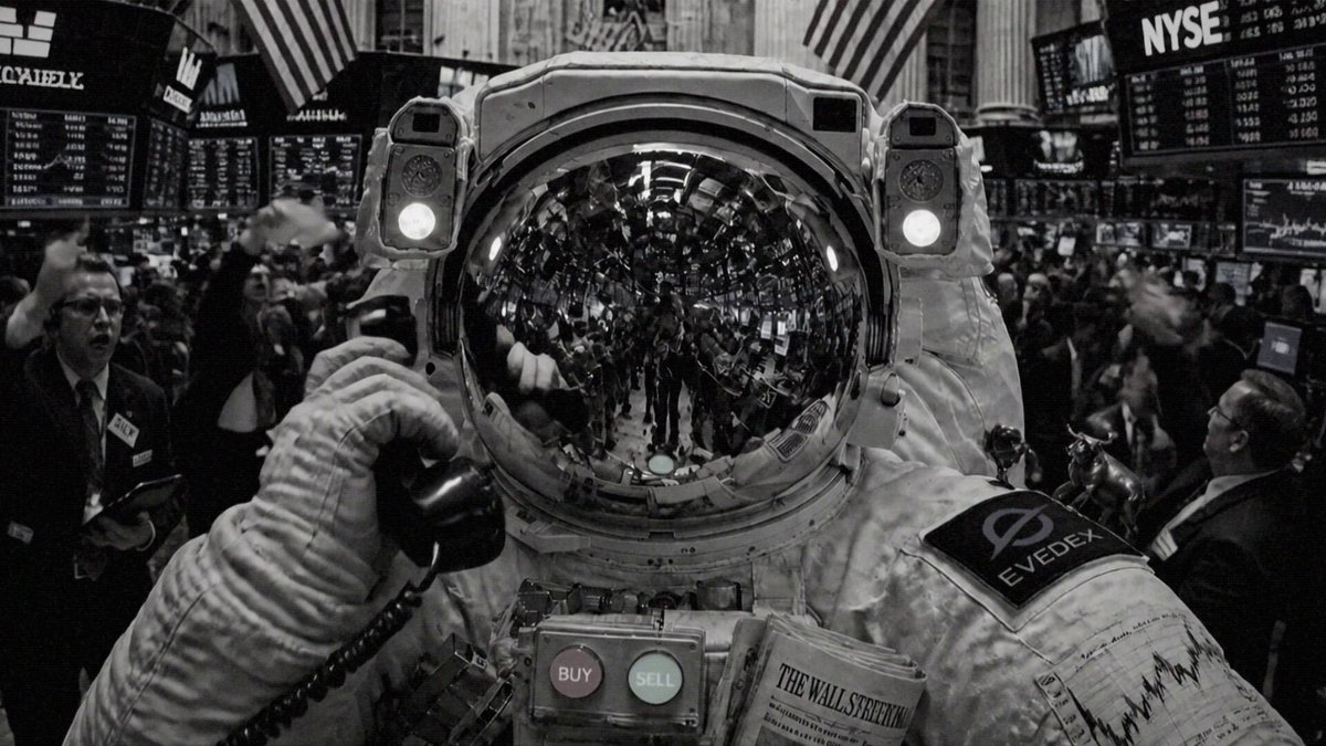 The image depicts an astronaut standing inside a stock exchange building, wearing a spacesuit with a phone to their ear. They appear to be engaged in conversation about trading. The focus of this image is not directly related to the main topic of the post (crypto and trade), but rather it emphasizes the astronaut's presence in such an unconventional setting.