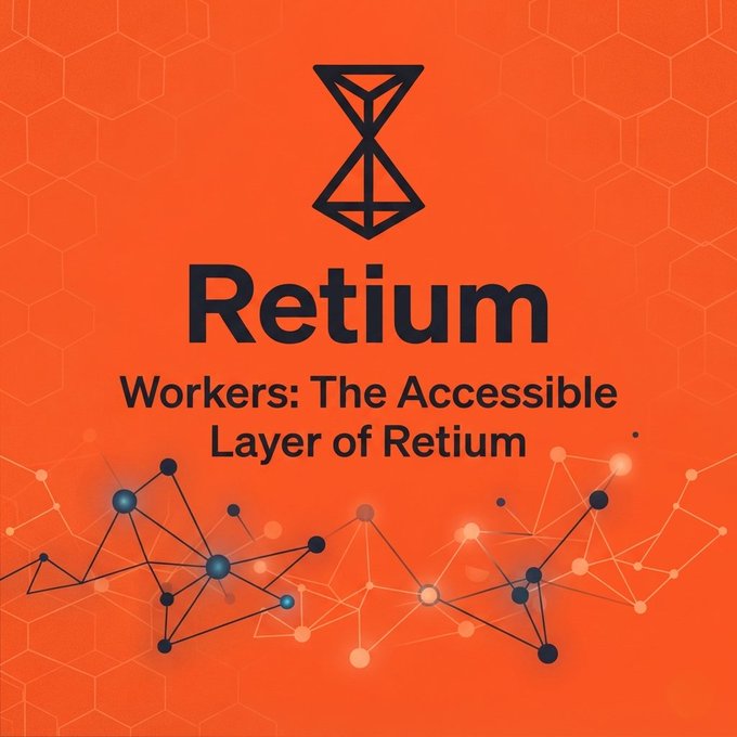 An orange promotional graphic for 'Retium' featuring the tagline 'Workers: The Accessible Layer of Retium' with a geometric logo and network connection imagery.