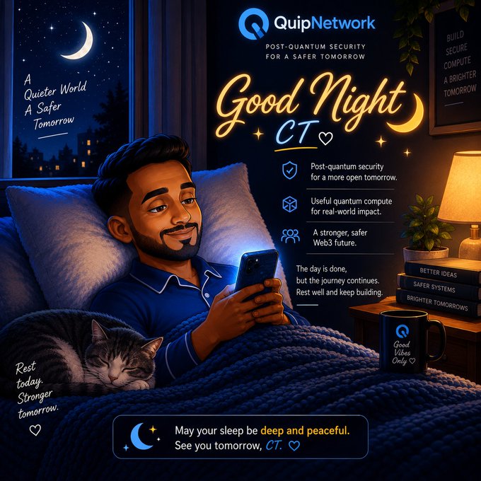 A digital illustration shows a man in bed with a cat, scrolling his phone, with text reading "QuipNetwork POST-QUANTUM SECURITY FOR A SAFER TOMORROW" and "Good Night CT" along with motivational messages.