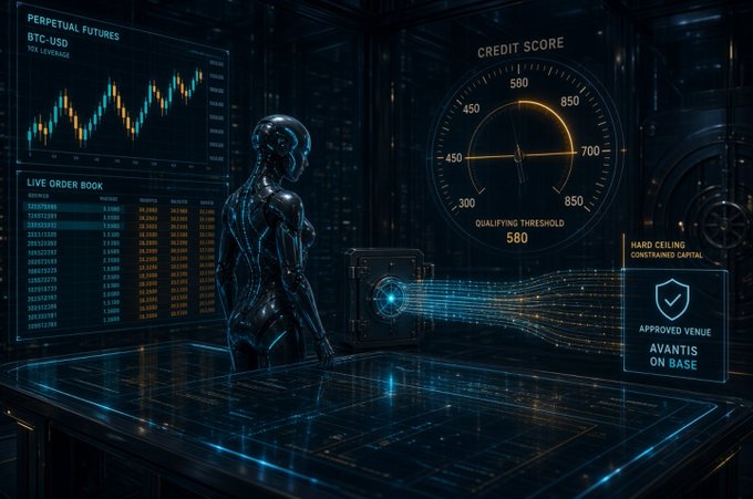 A futuristic digital interface showing a metallic humanoid figure with holographic displays including a 'PERPETUAL FUTURES' BTC-USD candlestick chart, 'LIVE ORDER BOOK', and a 'CREDIT SCORE' gauge reading 700 with 'QUALIFYING THRESHOLD 580' and 'APPROVED VENUE AVANTIS ON BASE'.