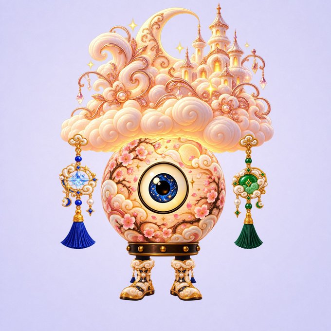 A whimsical illustration features a large eyeball adorned with pink cherry blossoms, topped with a golden castle on clouds and flanked by dangling jeweled tassels. The image ties into the Twitter giveaway by visually representing "spots" or prizes through its dreamy, treasure-like aesthetic that matches the LuxoraRH giveaway promotion.