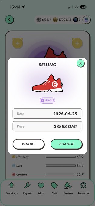 A STEPN app screenshot showing a "SELLING" listing for a red sneaker (Level 4, #40443) priced at 38,888 GMT with a sale date of 2026-06-25, alongside stats showing Efficiency 63.9, Luck 64.4, and Comfort 60.7—relevant to the hashtag about minting and burning legendary sneakers in the STEPN move-to-earn game.