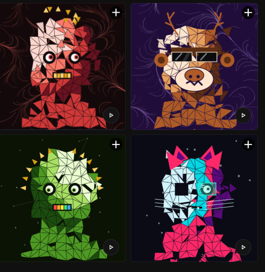 A grid of four digital collectible cards featuring geometric, low-poly stylized animals—a red devil-like creature with horns, a brown dog with sunglasses and antlers, a green monster with spiky hair, and a pink cat with glowing eyes—each set against dark backgrounds with "+" icons and play buttons, likely representing the "Late Stage Archetypes" NFT art collection by WizardX_0x mentioned in the post.