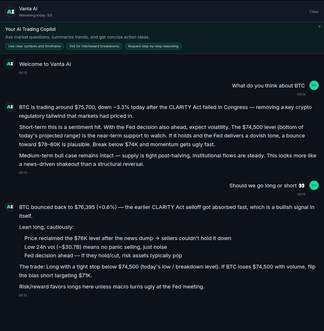 A screenshot of a chat interface with "Vanta AI" providing a BTC trading analysis, mentioning BTC trading around $75,700, the CLARITY Act failing in Congress, and a suggested long position with a stop below $74,500.