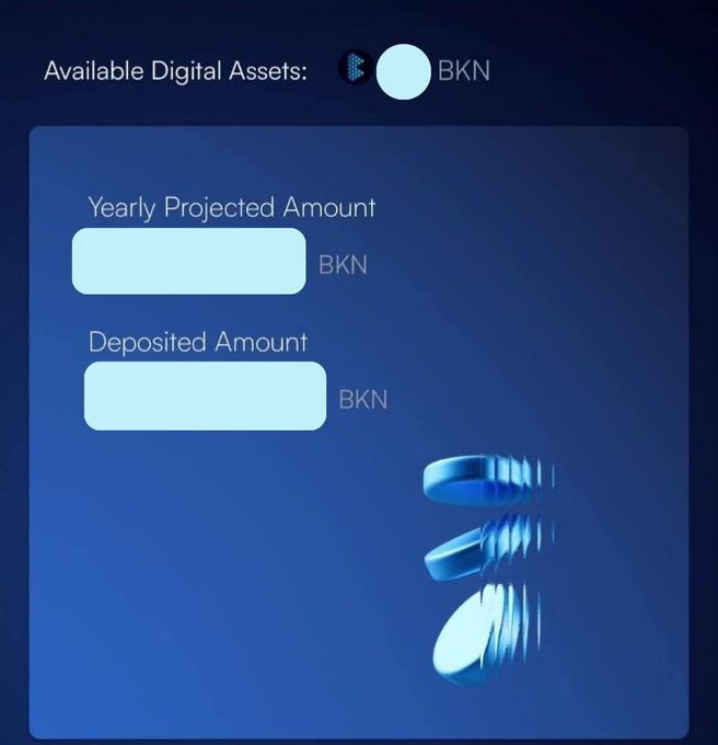 A dark blue digital interface shows "Available Digital Assets: BKN" with input fields for "Yearly Projected Amount" and "Deposited Amount" in BKN tokens alongside falling coin graphics.