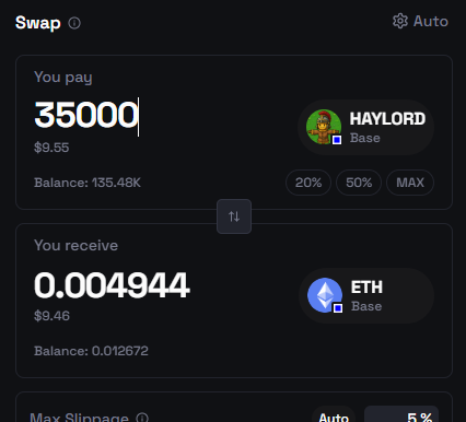 The image shows a crypto swap interface where 35,000 HAYLORD tokens (valued at $9.55) are being exchanged for 0.004944 ETH (valued at $9.46) on the Base network, with a 5% slippage setting. This illustrates the post's claim about earning approximately $10 daily, showing the user converting their accumulated HAYLORD rewards into ETH.