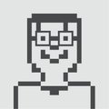 A pixel art portrait of a smiling figure with glasses and a collared shirt, representing the NFT founders @serc1n and @OxSimpleFarmer who are collaborating together.