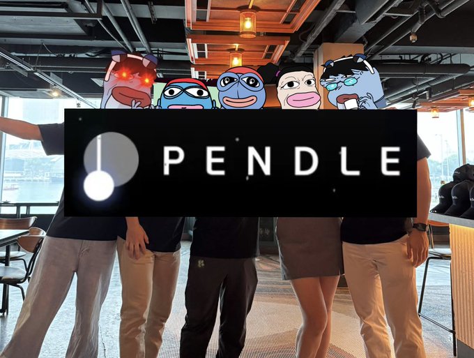 A group of five people in a modern office/restaurant setting with their cartoon-style faces edited over their heads, with a large 'PENDLE' logo overlay across the image.