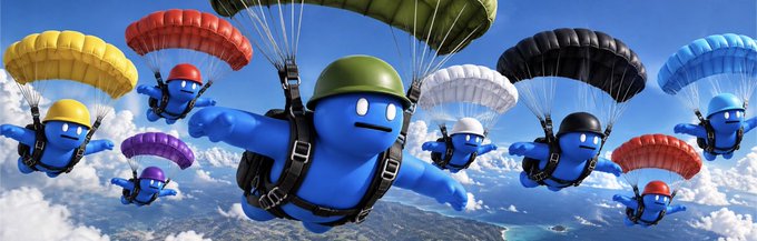 Group of blue cartoon characters skydiving with colorful parachutes against a cloudy blue sky.