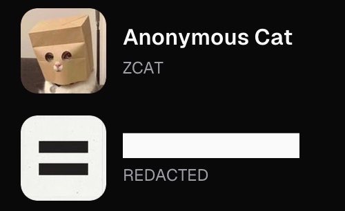 A digital profile card shows an avatar of a cardboard box cat labeled 'Anonymous Cat' with the handle 'ZCAT', positioned above a redacted user entry.
