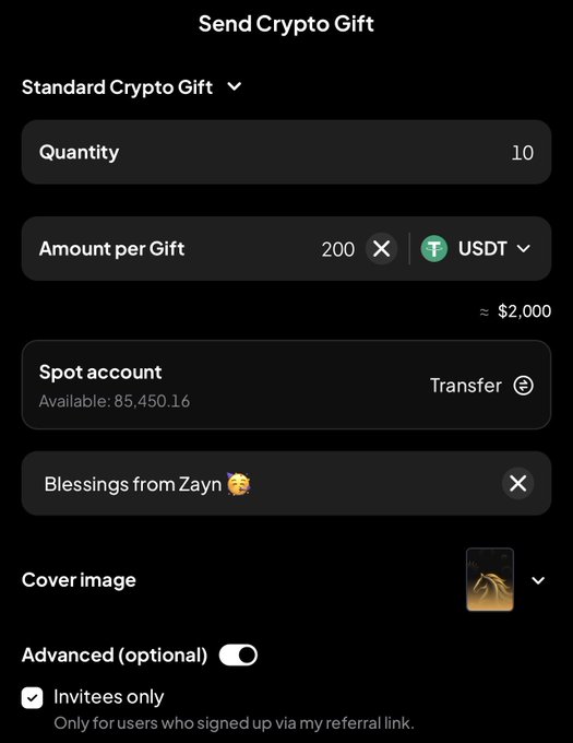 The image shows a "Send Crypto Gift" interface configured for 10 gifts of 200 USDT each (totaling ~$2,000) funded from a spot account with 85,450.16 available, titled "Blessings from Zayn." This directly supports the post's announcement of a $2,000 giveaway distributed among 10 lucky winners.