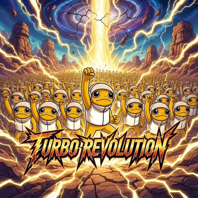 The image depicts a massive army of yellow cartoon characters in white hoodies rallying with raised fists beneath a swirling cosmic vortex and lightning-filled sky, with bold stylized text reading "TURBO REVOLUTION" at the bottom—visually amplifying the post's rallying cry about joining the $TURBO community movement.