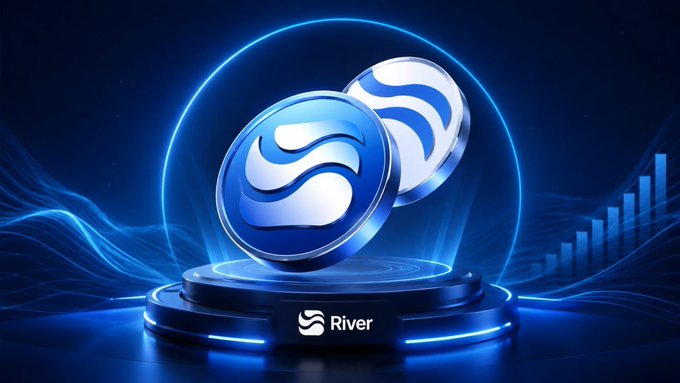 A futuristic 3D rendering of a blue and white circular logo for 'River' cryptocurrency, displayed on a glowing pedestal with an upward trending bar chart in the background.