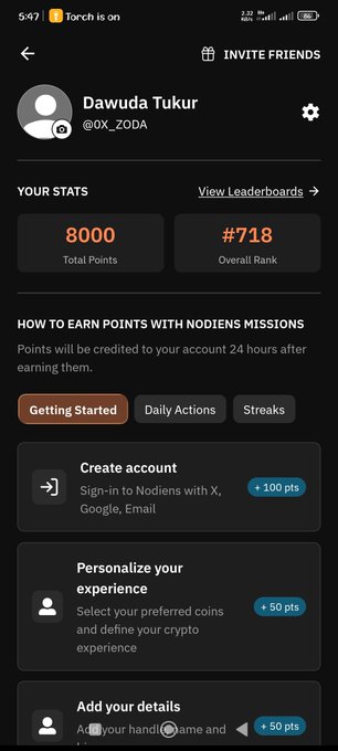 A Nodiens Missions app screen showing a user named 'Dawuda Tukur' (@OX_ZODA) with 8000 total points, rank #718, and tasks to earn points like 'Create account' and 'Personalize your experience'.
