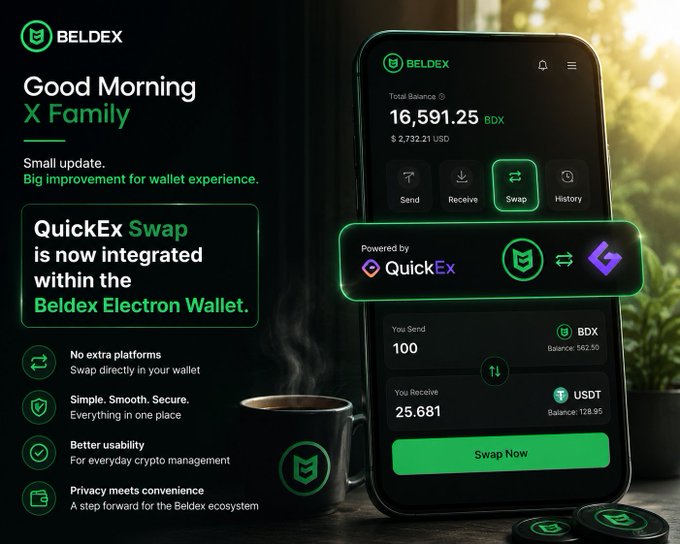 A promotional graphic for Beldex announces the integration of QuickEx Swap into the Beldex Electron Wallet, featuring a phone mockup showing a swap interface with a total balance of 16,591.25 BDX.
