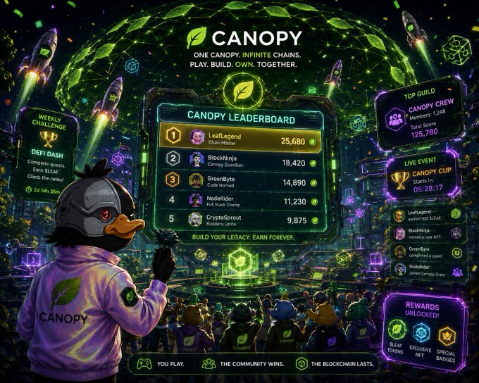 A vibrant promotional banner for 'CANOPY' featuring the tagline 'ONE CANOPY. INFINITE CHAINS. PLAY. BUILD. OWN. TOGETHER.' It displays a 'CANOPY LEADERBOARD' with top players like LeafLegend (25,680) and BlockNinja (18,420), along with sections for 'TOP GUILD' (Canopy Crew) and 'LIVE EVENT' (Canopy Cup).