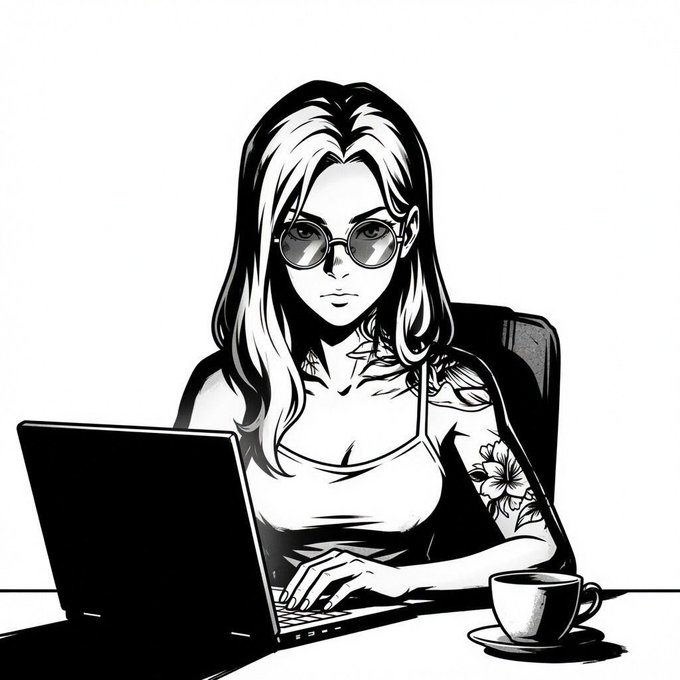 A black-and-white illustration of a woman with long hair wearing sunglasses and a tank top, working on a laptop next to a cup of coffee, with a tattoo visible on her arm.