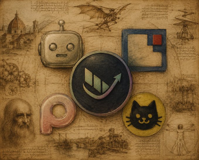 A sepia-toned vintage collage featuring Renaissance-era sketches (including a Da Vinci-style flying machine, the Vitruvian Man, and Leonardo da Vinci's portrait) serves as the backdrop for modern tech logos—including a robot face, a cat icon, and a central emblem with an upward arrow—symbolizing the launch of new crypto projects, with the central logo representing "Down to Finance" ($DTF), the day's top new token launch on Robinhood.