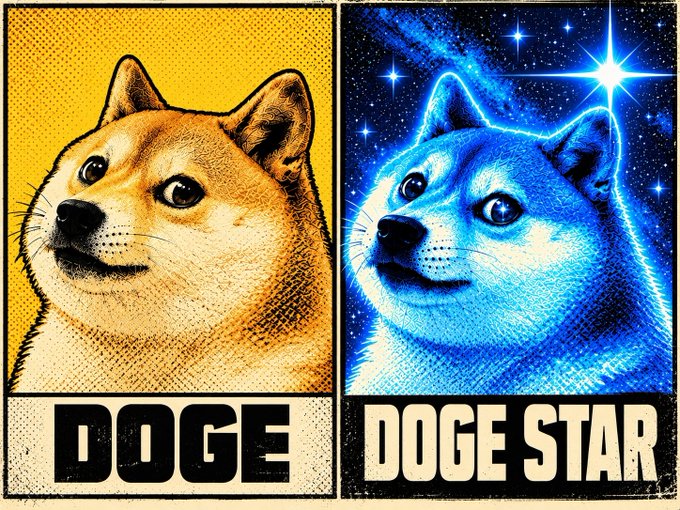 A side-by-side meme showing a Shiba Inu dog in the classic "DOGE" style on the left (yellow background) and a blue-tinted cosmic version labeled "DOGE STAR" on the right, visually representing the post's claim that Doge has reached the "Sirius" star, playing on the dog's name ("Sirius" being the brightest star in the night sky) to suggest Doge has ascended to stellar status.